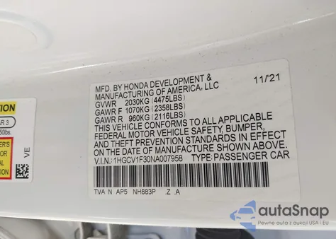 2022 Honda Accord Sport z USA, uszkodzony, nr VIN 1HGCV1F30NA007958